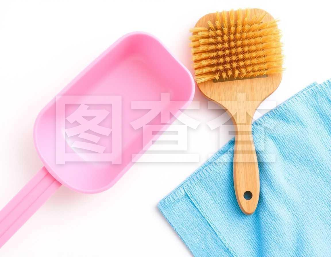 粉红塑料勺和清洁刷